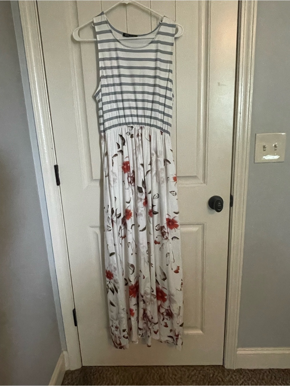 Simplee Apparel White and Gray Striped Top Floral Maxi Dress with Red Accents